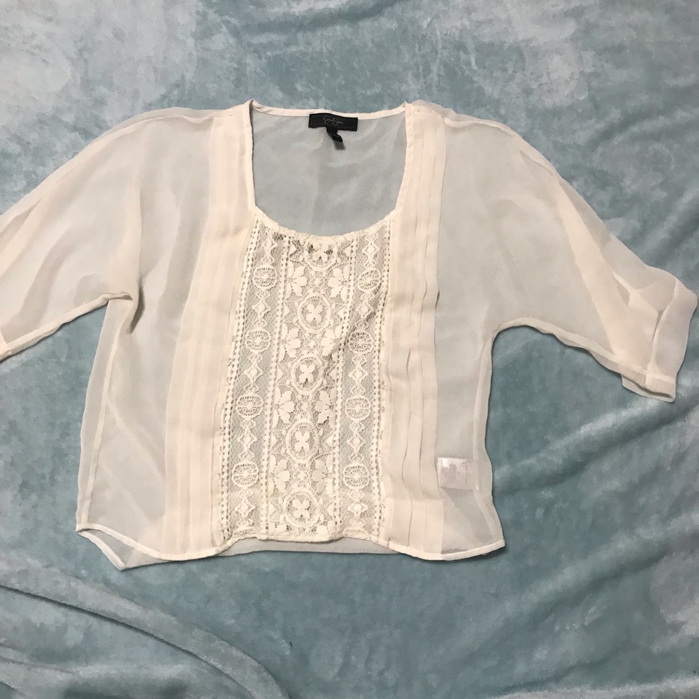 Jessica Simpson blouse and gray wash jean